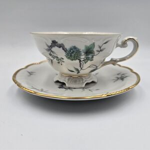 VTG Mitterteich Bavaria Germany Footed Tea Cup and Saucer Set Green Ming Pattern